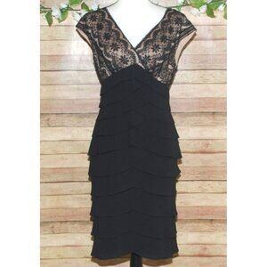 Adrianna Papell Ladies Black Cap Sleeves Sheath Dress 8 Knee Length Floral Lace